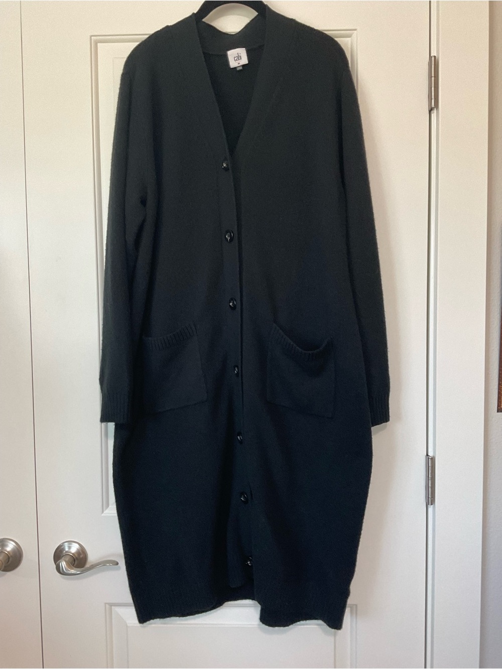 CAbi Long Black Knit V-Neck Cardigan